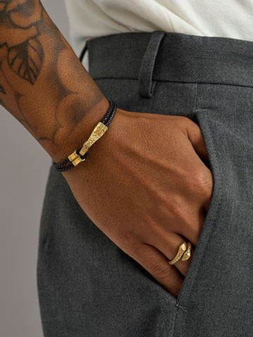 Nialaya Men's Leather Bracelet Black Leather Bracelet with Gold Clasp Black Leather Bracelet with Gold Clasp